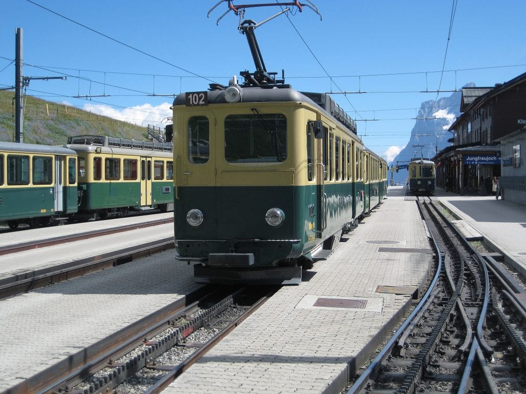 Zug am Bahnhof in Berglandschaft